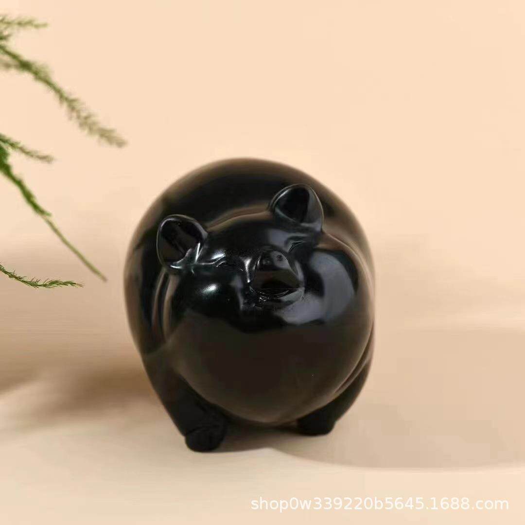 矿宝水晶黑曜石猪摆件黑色生肖小猪工艺品黑耀石黑猪办公室吉祥物