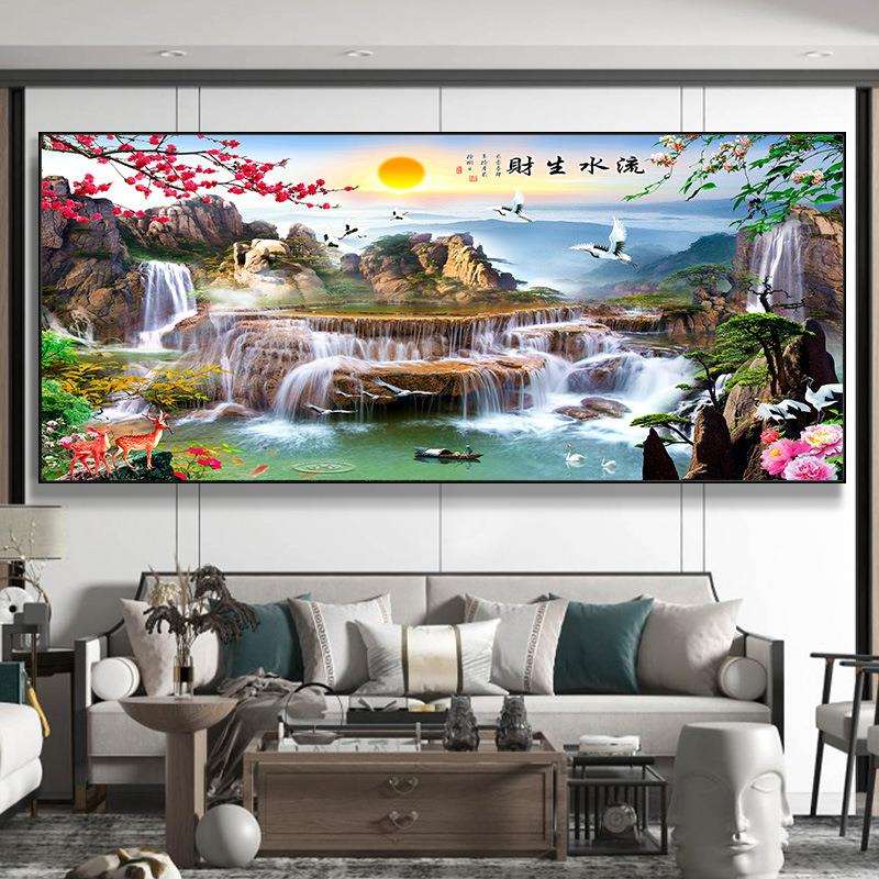 流水生财聚宝盆十字绣2024新款线绣客厅山水画风景满绣自己绣手工