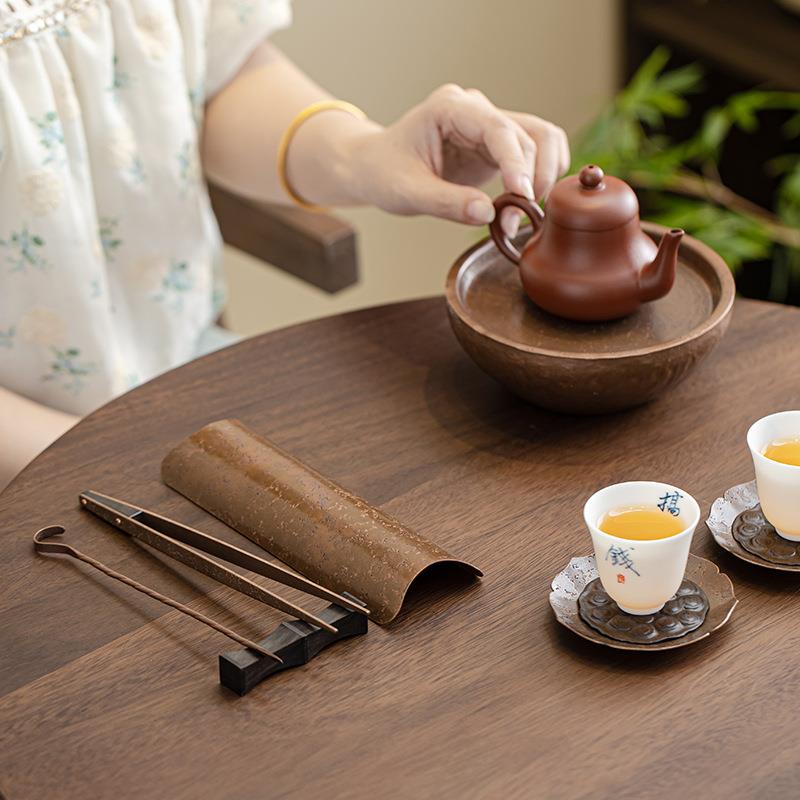 手工仿古纯紫铜茶则四件套茶铲 茶匙茶拨铜艺茶道配件日式茶配件