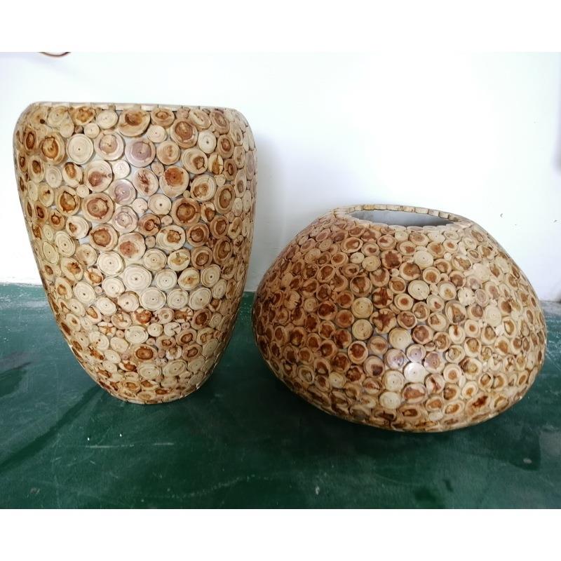实木切片花器木雕艺术品中式家居软装饰品仿真绿植花瓶摆件