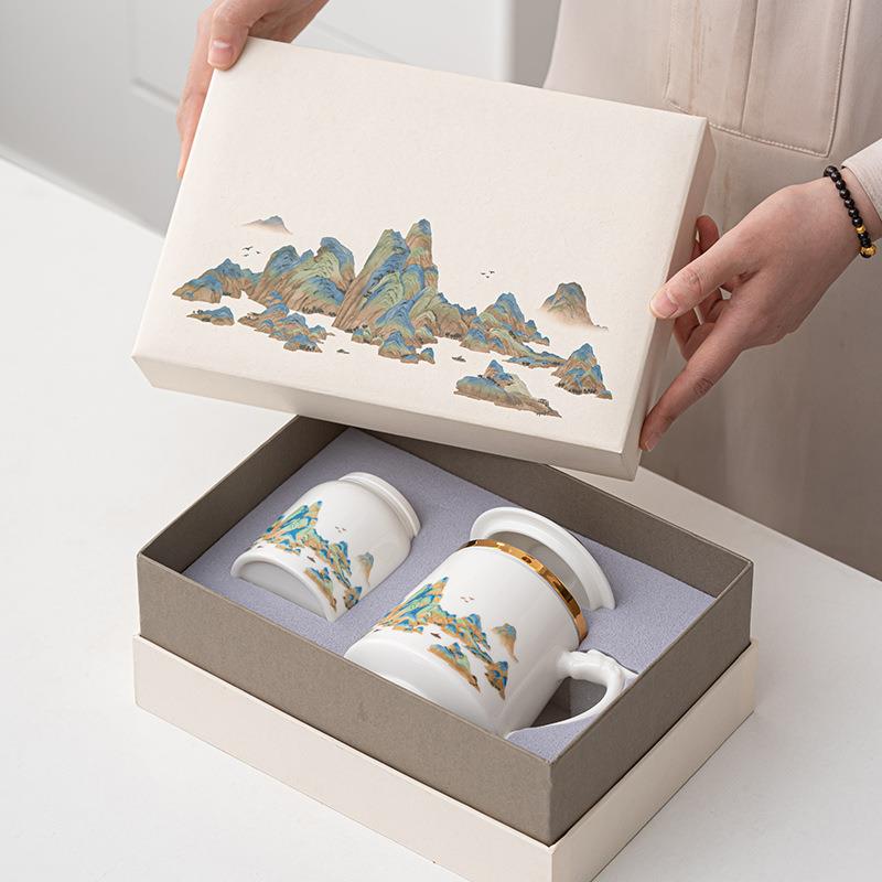 千里江山陶瓷茶道杯泡茶杯茶水分离杯带盖家用办公室马克杯中国风