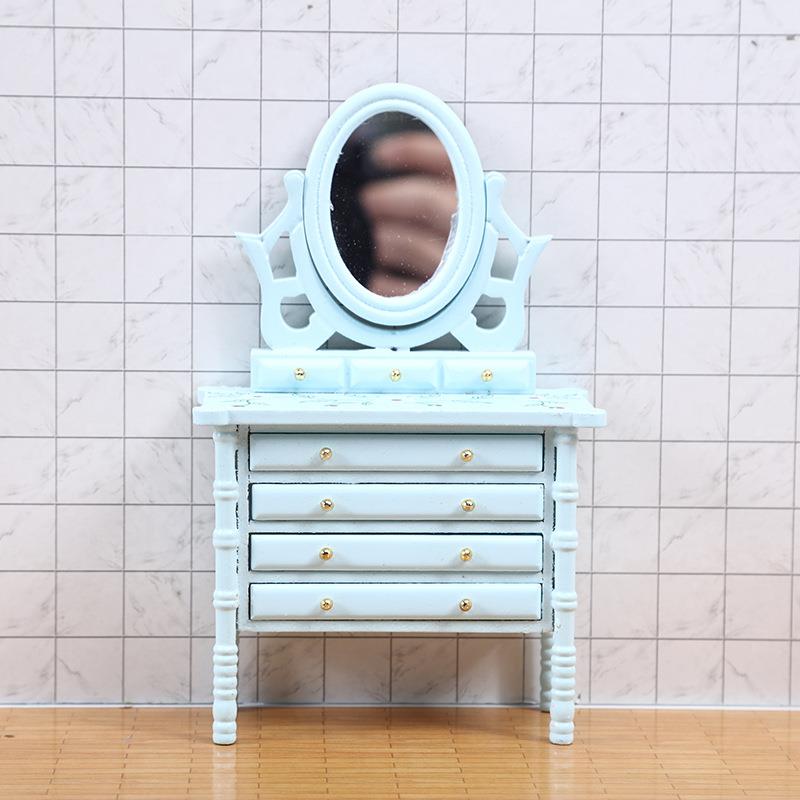 迷你家具1:12娃娃屋dollhouse 袖珍梳妆台带镜抽屉桌子木质工艺品