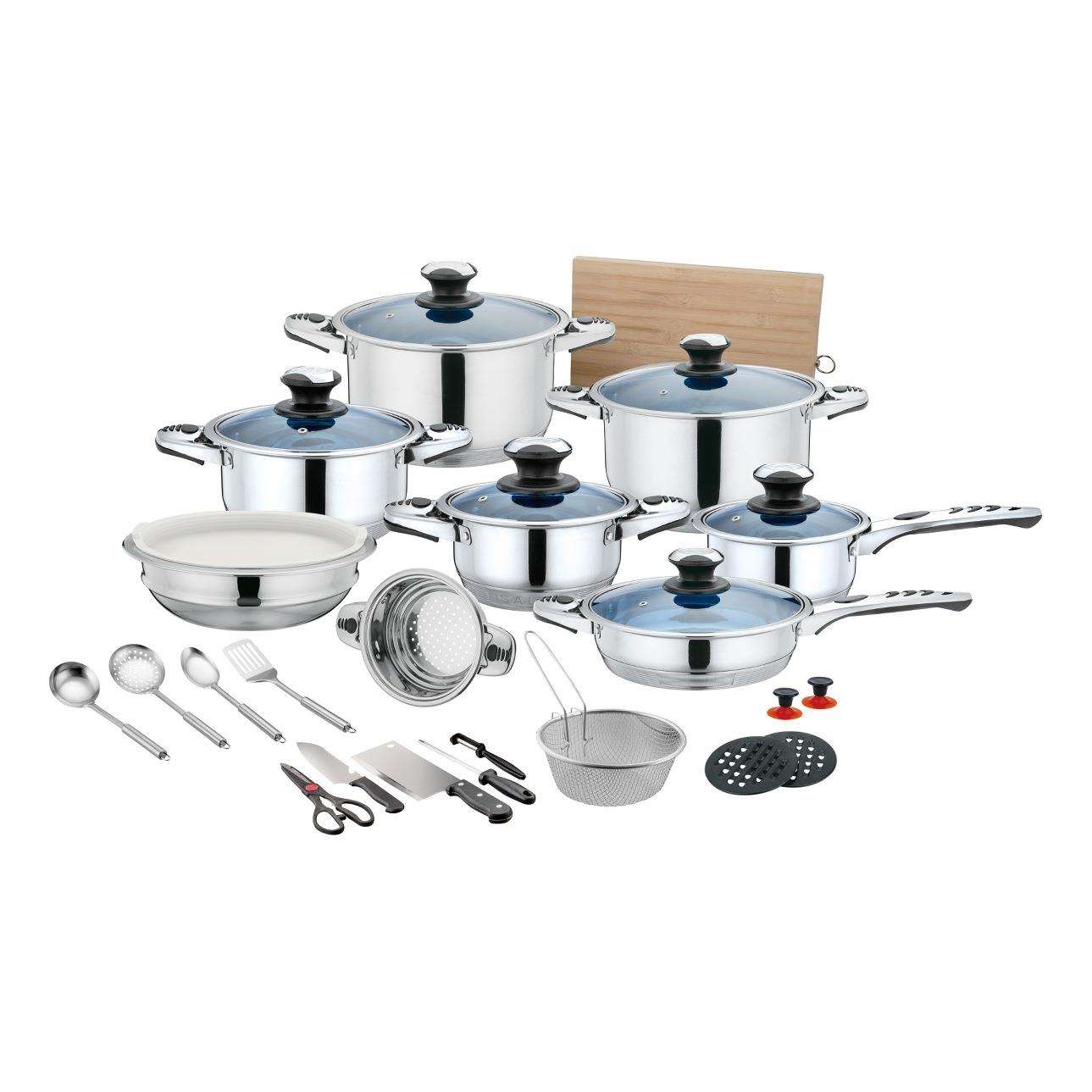 外贸跨境100PCS宽边套锅非洲不锈钢炊具套装锅 Cookware30件套锅
