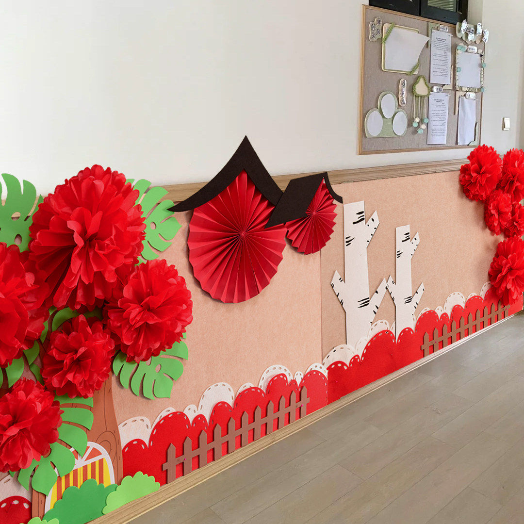 红色纸花组合幼儿园装饰环创开学教室装饰布置立体墙贴主题装饰