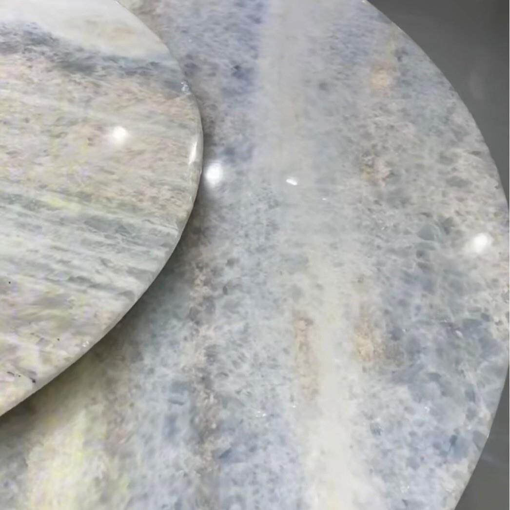 蓝水晶天然奢石圆形餐桌大理石餐桌意式轻奢带转盘圆形奢石饭桌