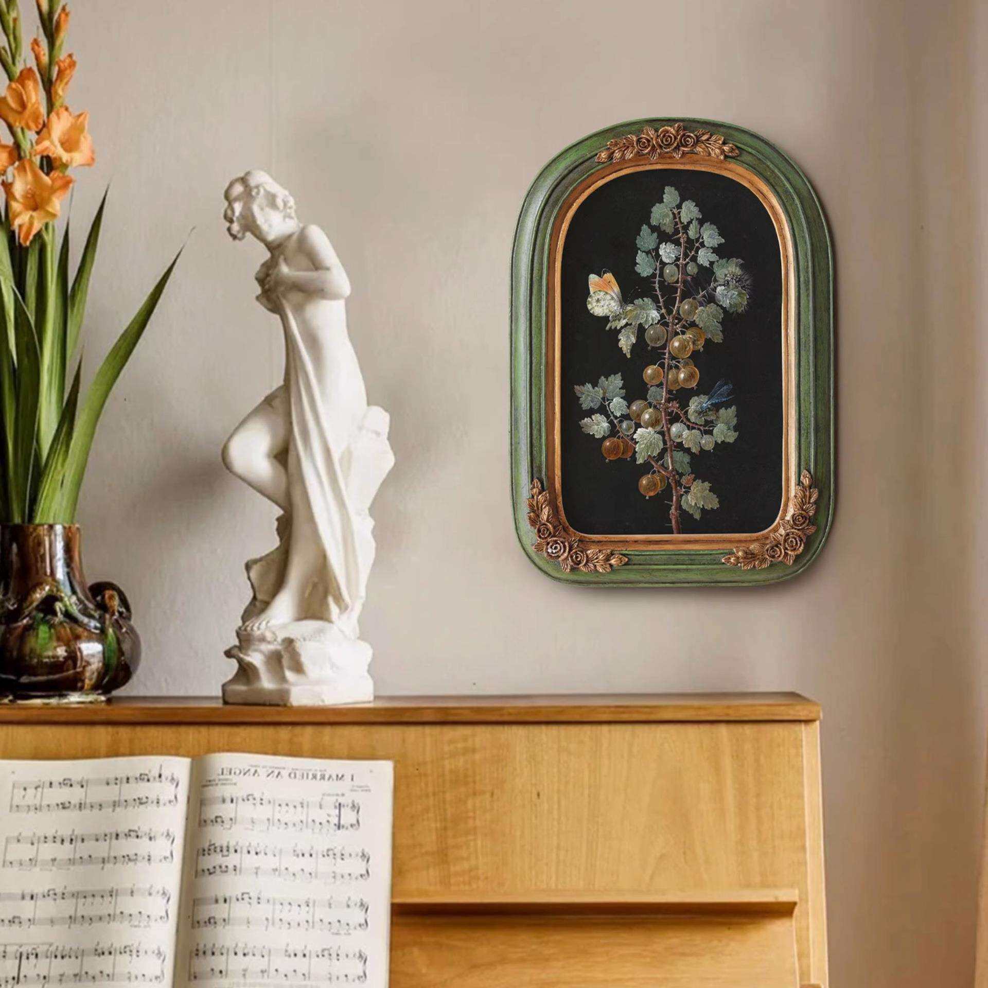 中古小众古典复古怀旧装饰画法式植物花卉拱形框美式挂画餐厅房间