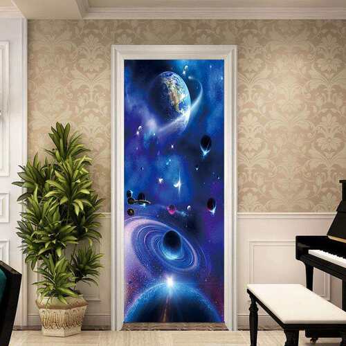 跨境货源绚丽星空世界门贴卧室客厅装饰画自粘可移除装饰画
