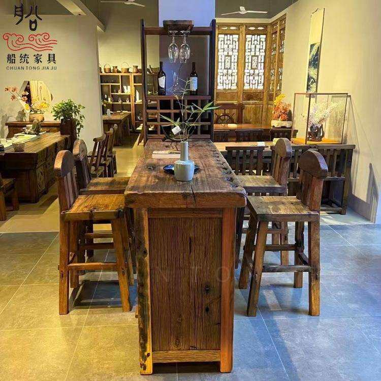 老船木家具吧台茶桌椅组合诧寂风家用红酒柜吧台一体民宿古风隔断