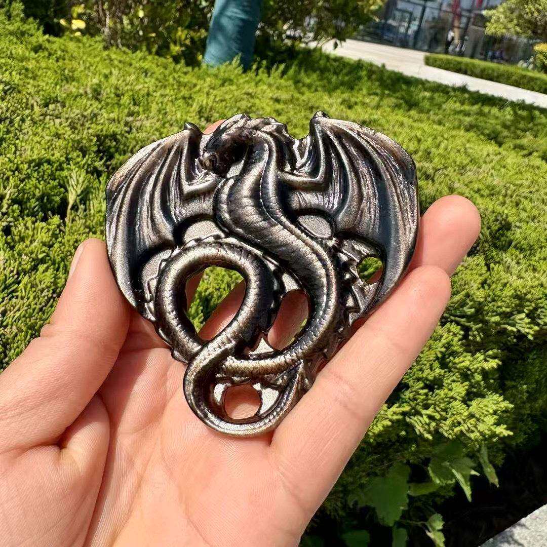 天然金银曜石飞龙雕刻件原石打磨龙摆件做工好跨境欧美热销矿石头