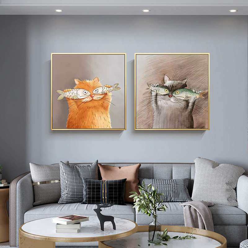 猫与鱼 现代简约风格客厅装饰画玄关卧室壁画可爱萌宠猫猫挂画