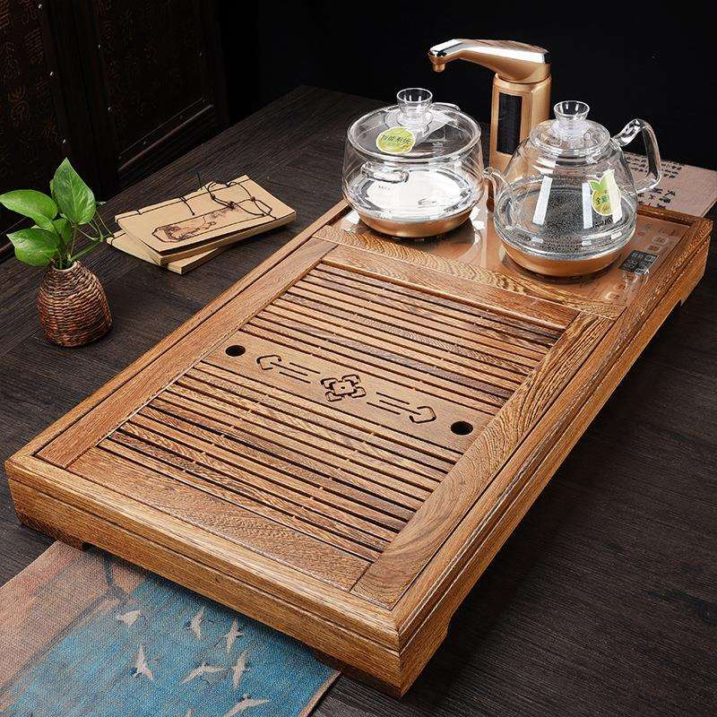 鸡翅木茶盘框架四合一电茶炉茶台实木瓷石搭配茶具套装茶海茶托盘