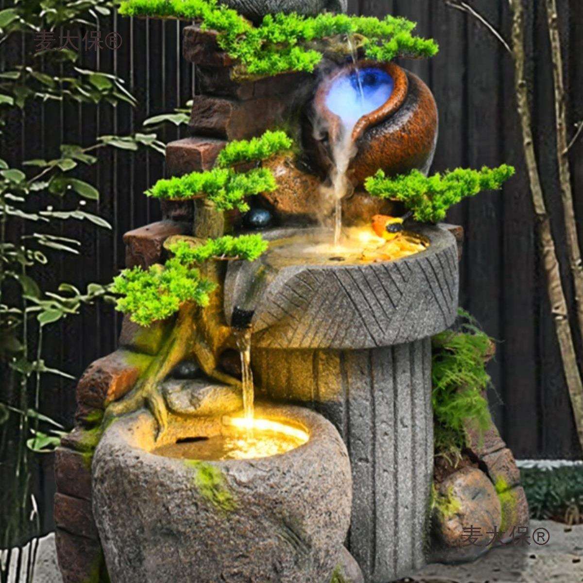 型太阳能假山流水喷泉瀑布造景室内阳台户外庭院水景观鱼池麦太保图片