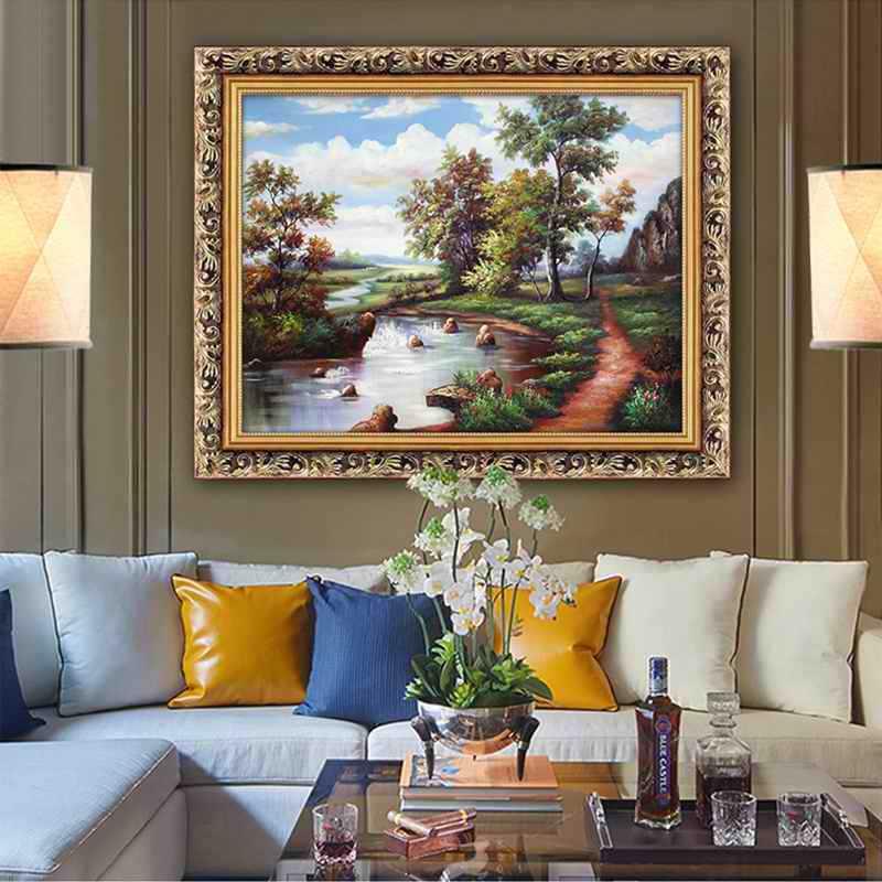 山水风景装饰画单幅画餐厅壁画仿油画走廊玄关挂画卧室墙画有框画