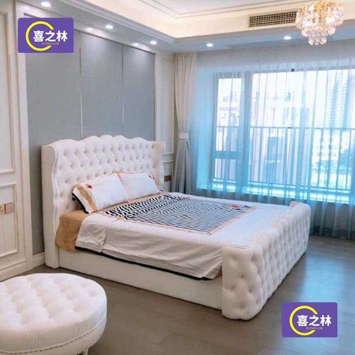 实木大床北欧拉扣主卧床欧式白色公主布艺床时尚轻奢简约现代婚床