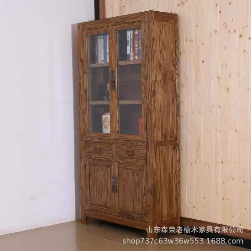 新中式实木玻璃书柜展示柜民宿酒柜储物柜置物架办公室榆木文件柜