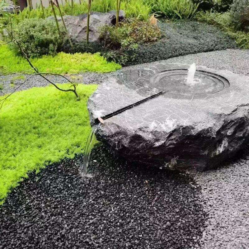 天然石雕黑山石水钵庭院流水景观日式喷泉造景石盆户外园林流水池