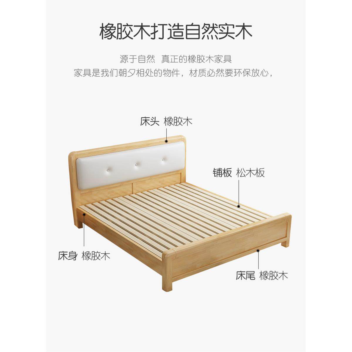 北欧实木床1.8米双人软靠床现代简约日式轻奢1.5米主卧室床原木色