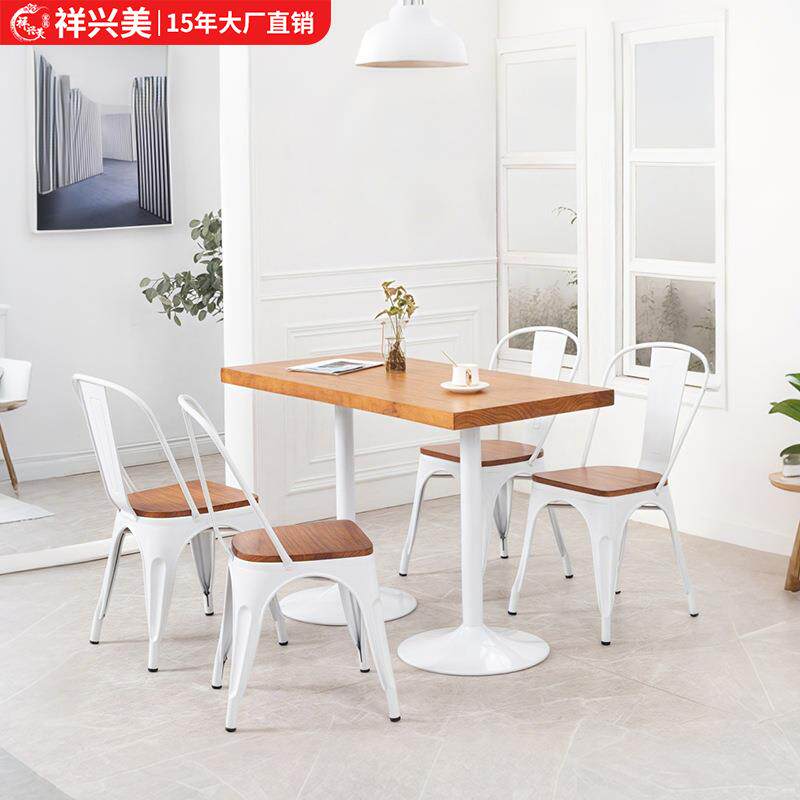 网红实木甜品店半圆餐桌椅组合原木咖啡餐厅桌椅奶茶烘焙店方桌