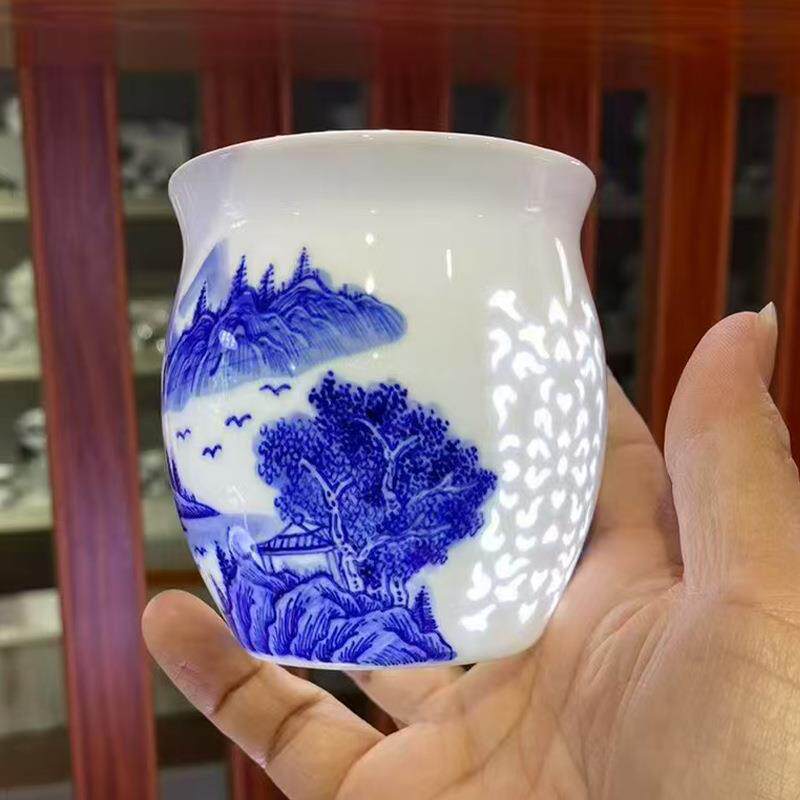 景德镇高白泥陶瓷手绘陶瓷青花玲珑商务茶杯老板办公杯山水逢源