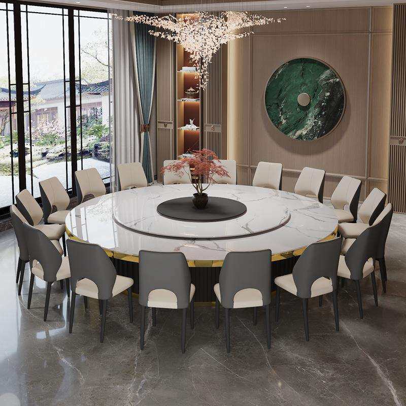 酒店餐桌大圆桌电动转盘带岩板高档餐厅商用火锅桌带电磁炉别墅