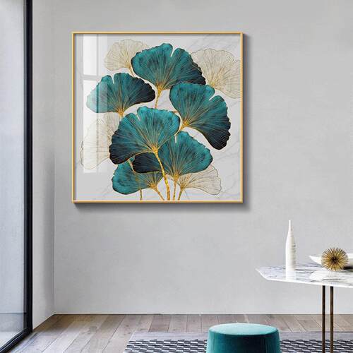 金叶溢金现代简约餐厅银杏叶装饰画正方形轻奢玄关画油画客厅挂画