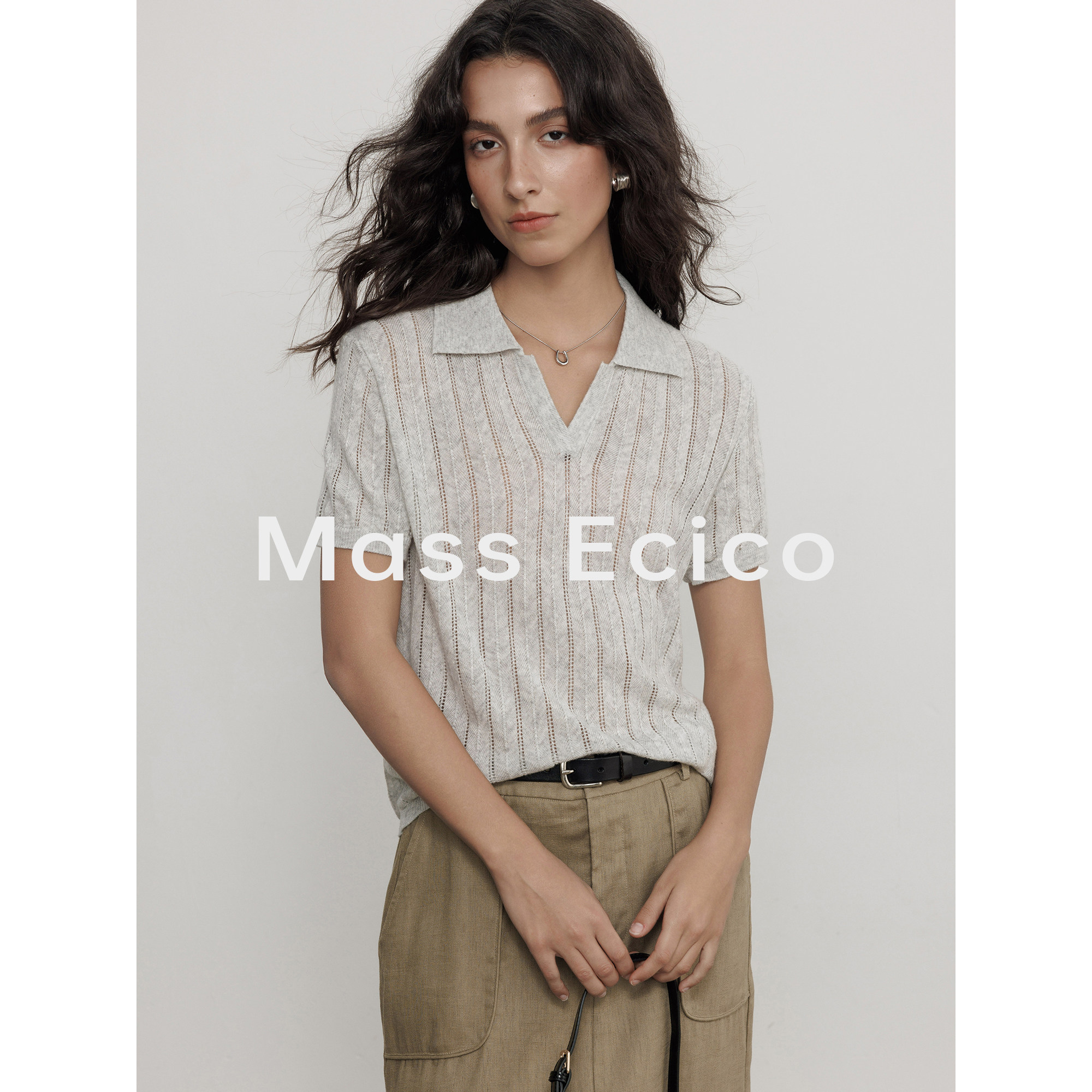 Mass Ecico纯色百搭短袖V领针织衫女夏季新款通勤显瘦外穿上衣