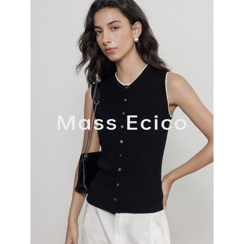 Mass Ecico黑色天丝无袖针织吊带背心女夏季修身显瘦通勤百搭上衣