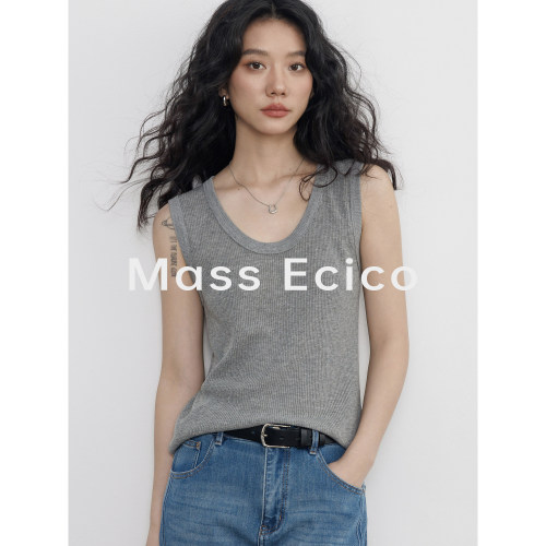 Mass Ecico纯色U领坑条针织吊带背心女夏季通勤显瘦外穿打底上衣