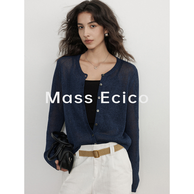 Mass Ecico春季圆领长袖针织开衫女慵懒老钱风2026新款防晒衫上衣