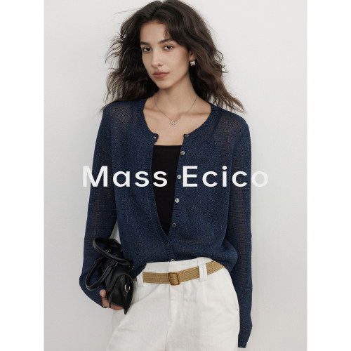 Mass Ecico春季圆领长袖针织开衫女慵懒老钱风2026新款防晒衫上衣