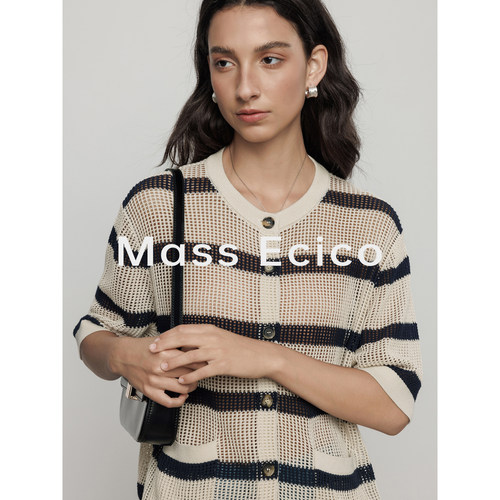 Mass Ecico法式条纹镂空圆领短袖针织衫女夏季通勤薄款防晒上衣