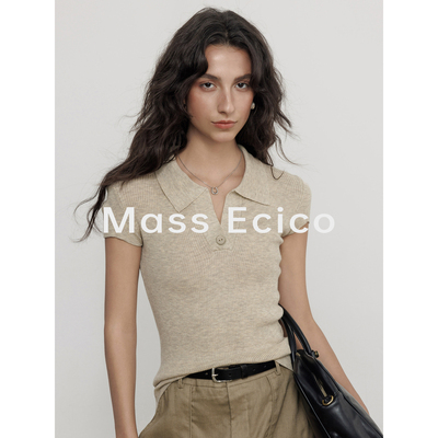 Mass Ecico老钱风翻领套头短袖针织衫女夏季外穿POLO衫T恤上衣