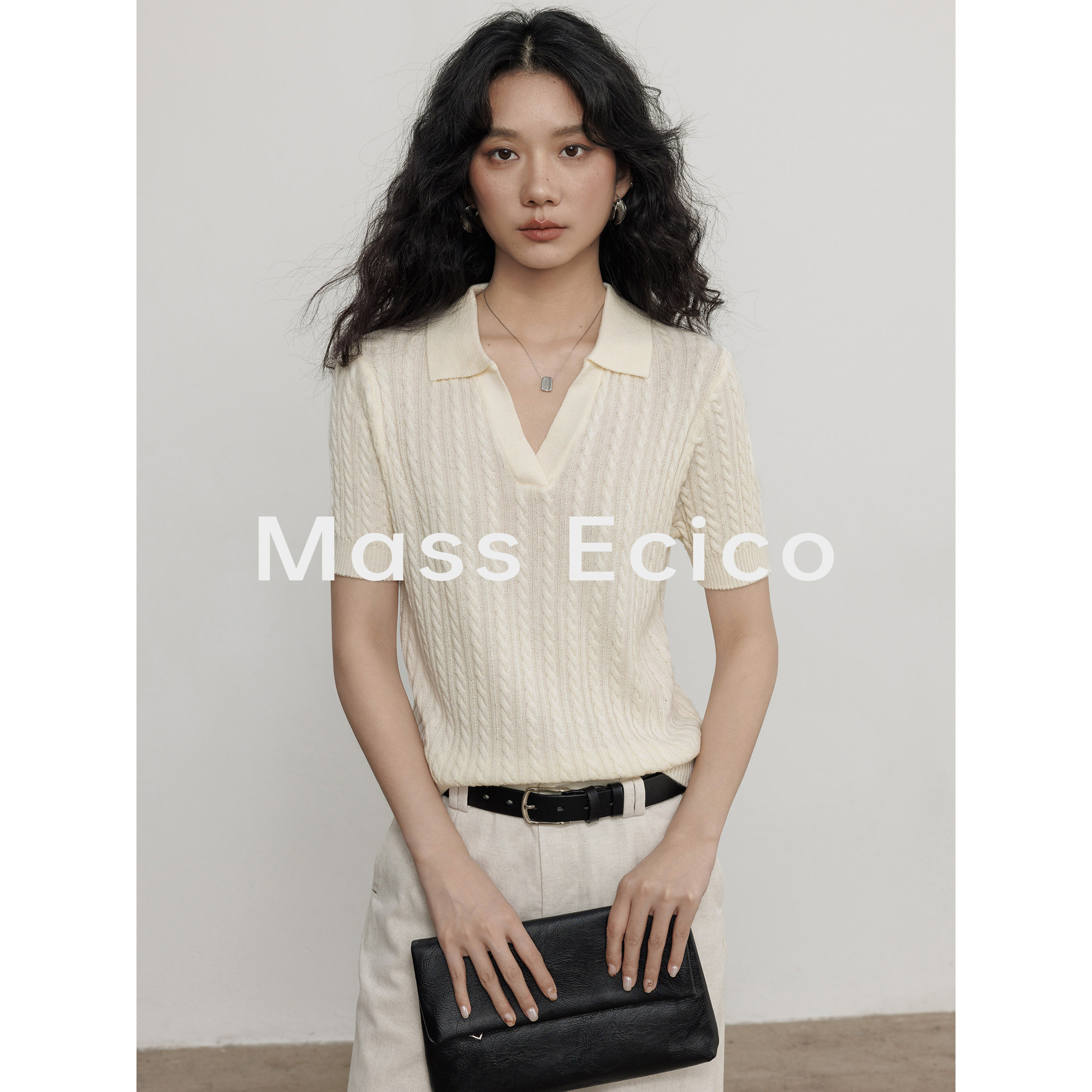 Mass Ecico老钱风通勤翻领短袖套头针织衫女夏季新款纯色V领上衣
