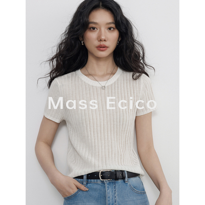 Mass Ecico纯色圆领老钱风竖坑条短袖针织衫女夏季显瘦肌理感上衣