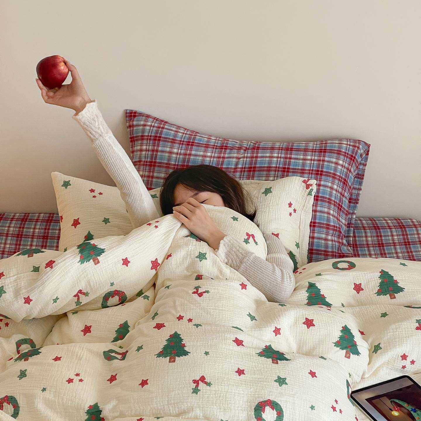 A类母婴级纯棉双层皱皱纱床单四件套全棉圣诞节被套床笠床上用品