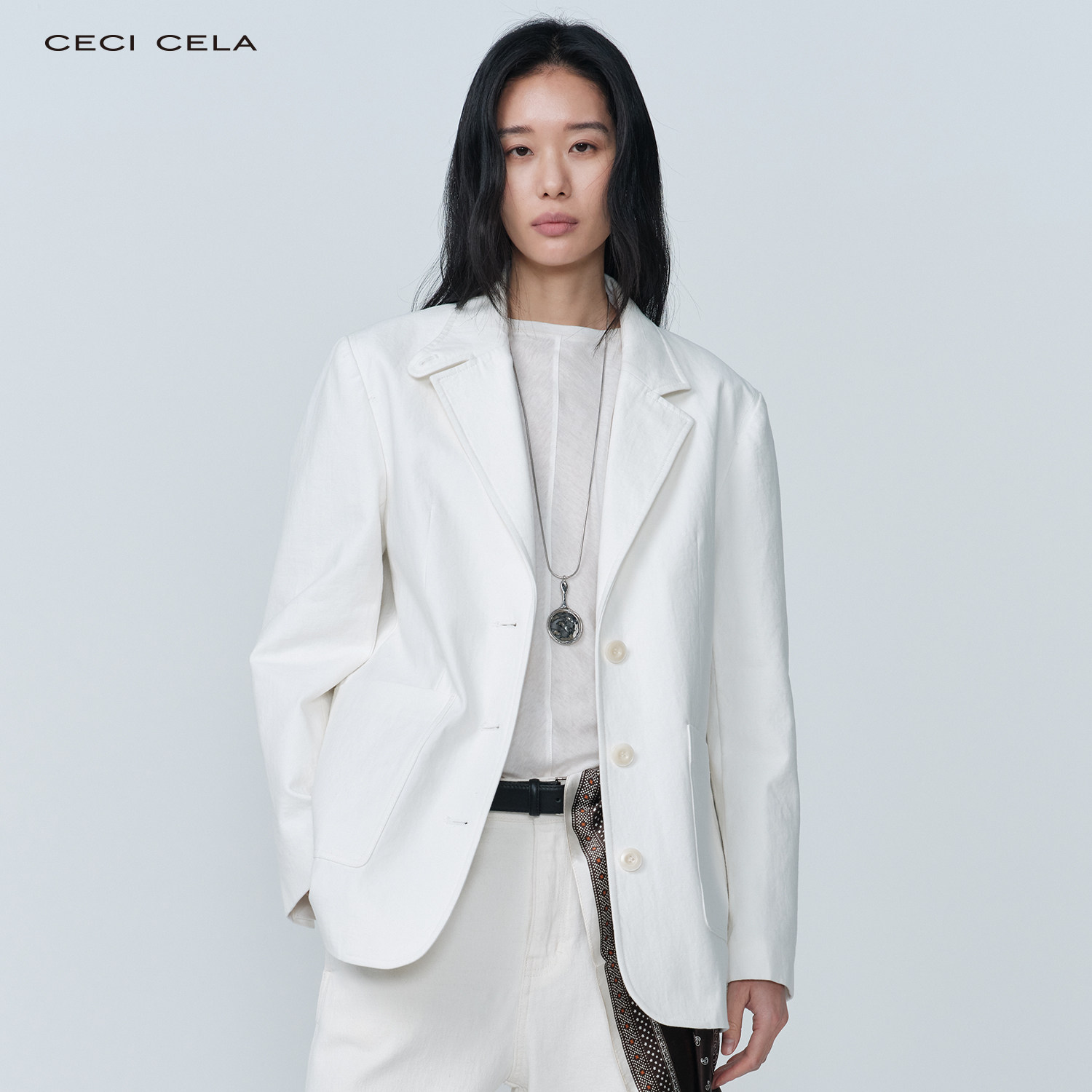 CECICELA棉麻感绗缝西装外套纯棉质透气宽松型女士职业休闲质感