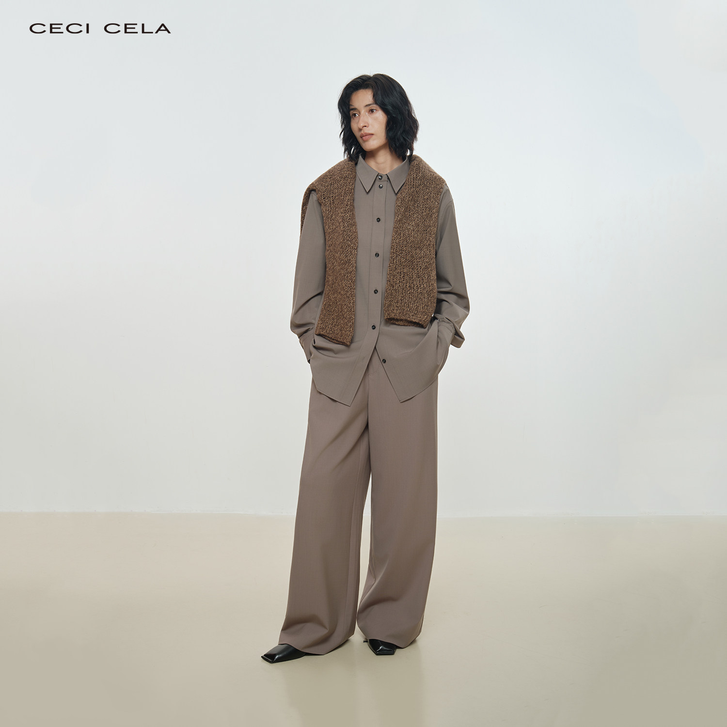 CECICELA经典廓形衬衫松弛风BF男友风立领宽松长袖纯色系带扣子