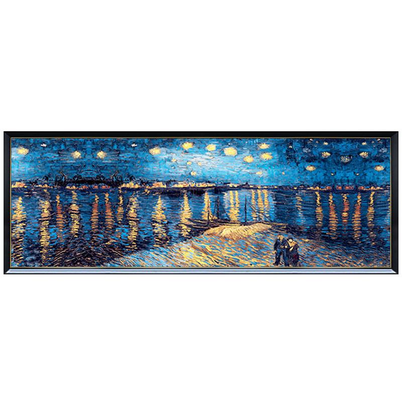罗纳河星夜梵高手绘油画轻奢美式客厅横版装饰画简约卧室床头挂画