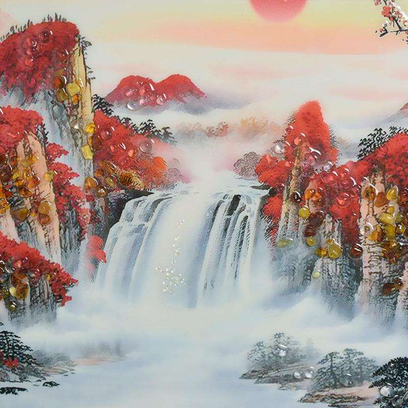 新中式桌面摆件琥珀画锦绣山河客厅办公室装饰画山水画天然蜜蜡