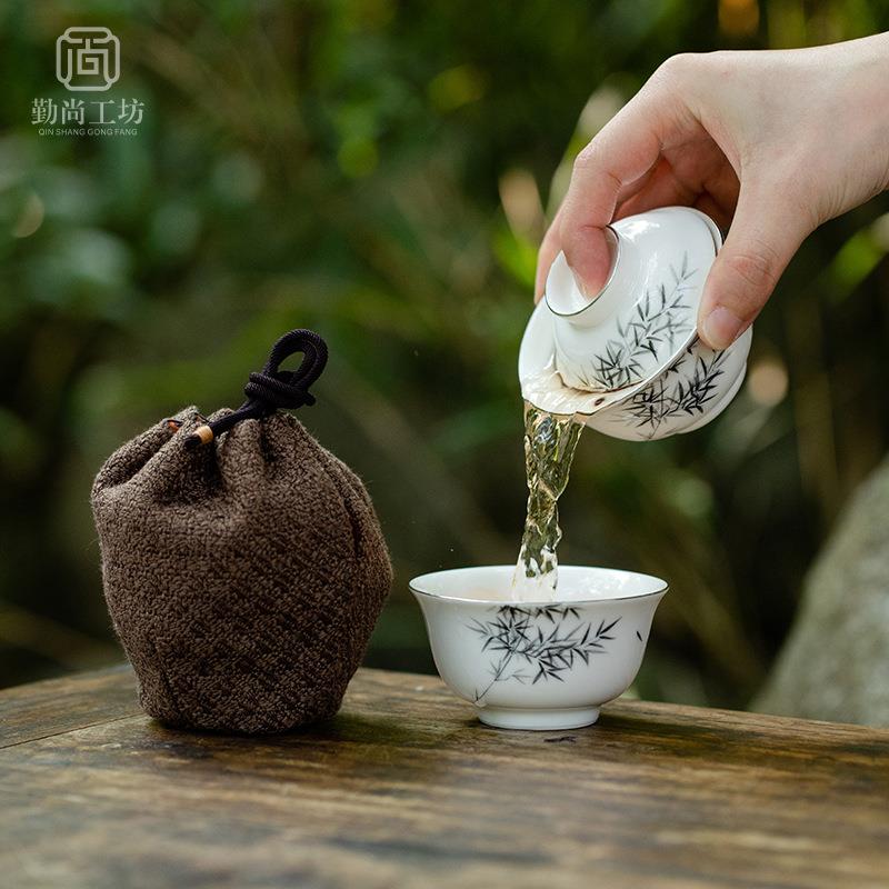 仿古手绘墨竹快客杯描银陶瓷盖碗茶杯小套组便携布袋装旅行茶具
