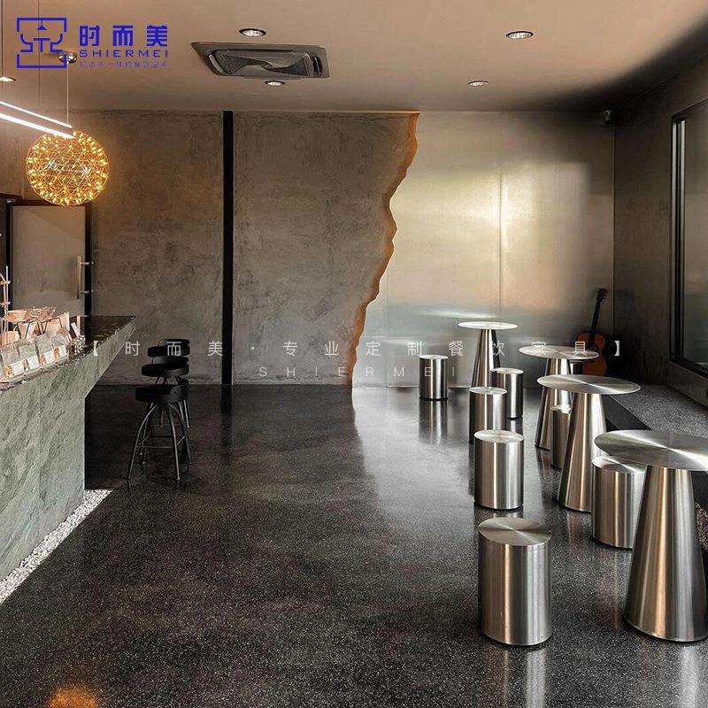网红奶茶甜品店桌椅组合工业风咖啡厅水吧休闲区创意不锈钢圆凳子