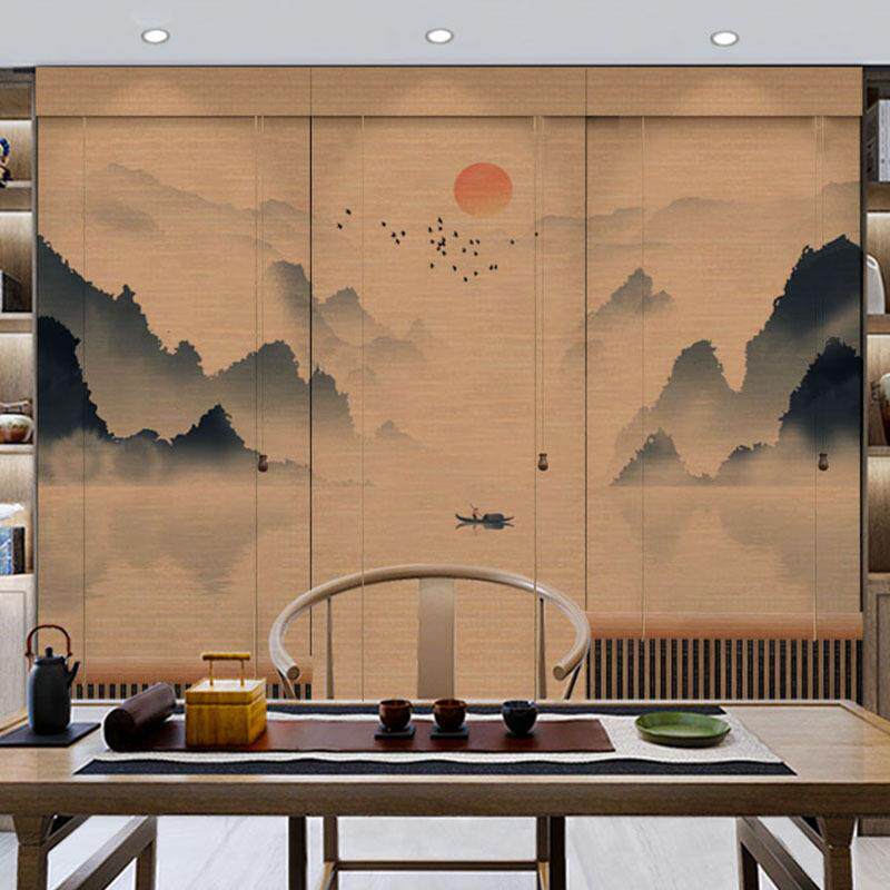 竹帘卷帘窗帘隔断挂画门帘子遮光中式阳台印花水墨画禅意复古户外
