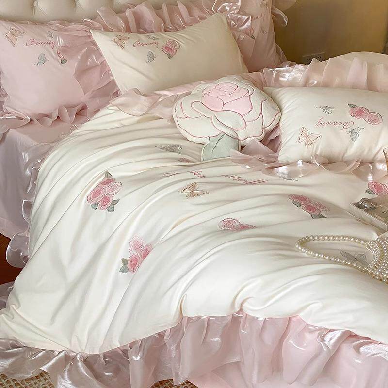 新品少女心秋冬100S长绒棉磨毛四件套珠光纱花边保暖被套床上用品