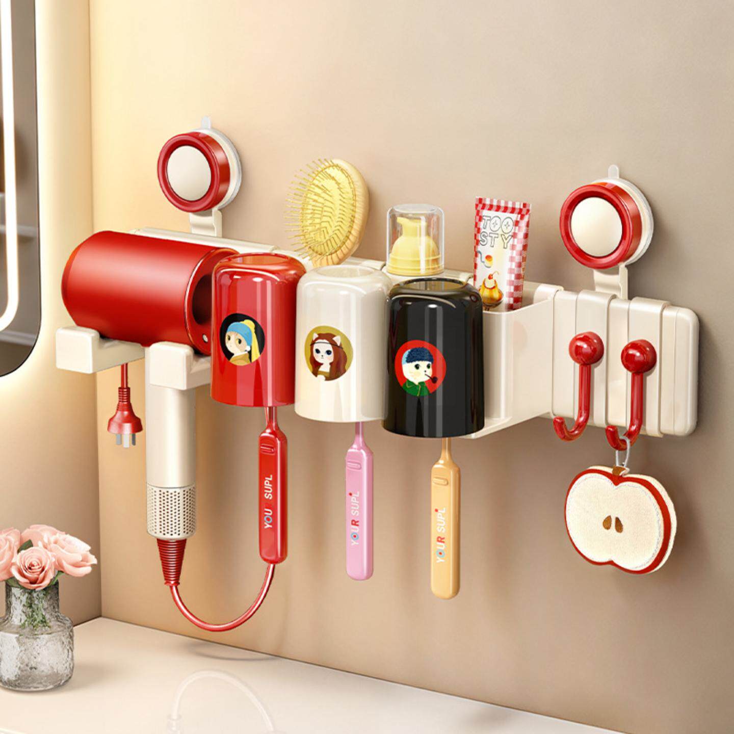 多巴胺吸盘牙刷置物架2026新款卫生间免打孔吹风机架洗漱杯架套装