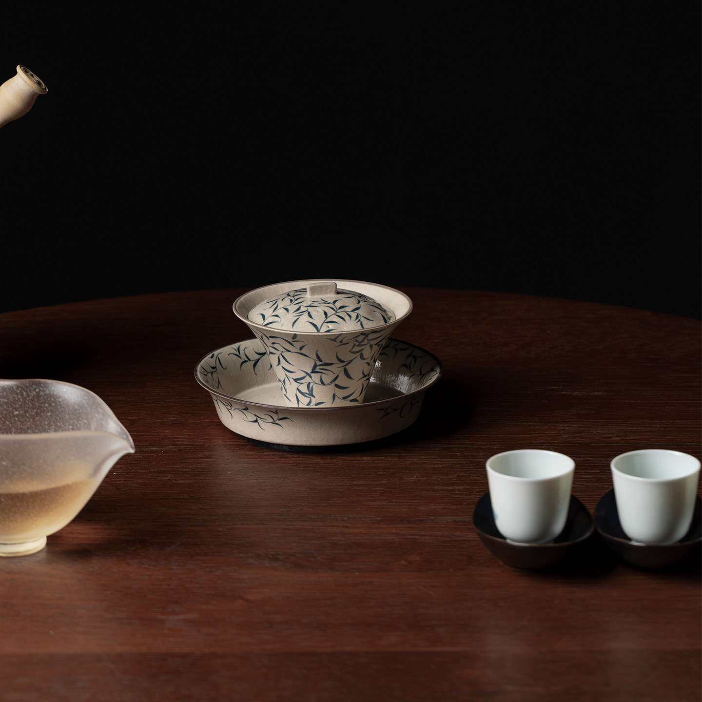 入野归松青花手绘春芽超薄胎盖碗景德镇复古茶器釉下彩撇口泡茶碗