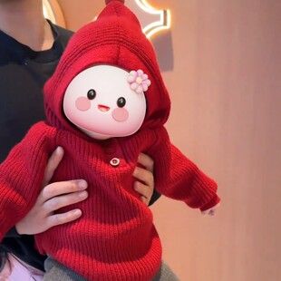 儿童冬季红色毛衣男童女童加厚连帽针织衫宝宝冬装可爱拜年服童装