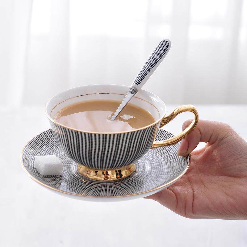 欧式黑条纹复古骨瓷咖啡杯套装英式下午茶茶具茶杯情侣对杯带勺子
