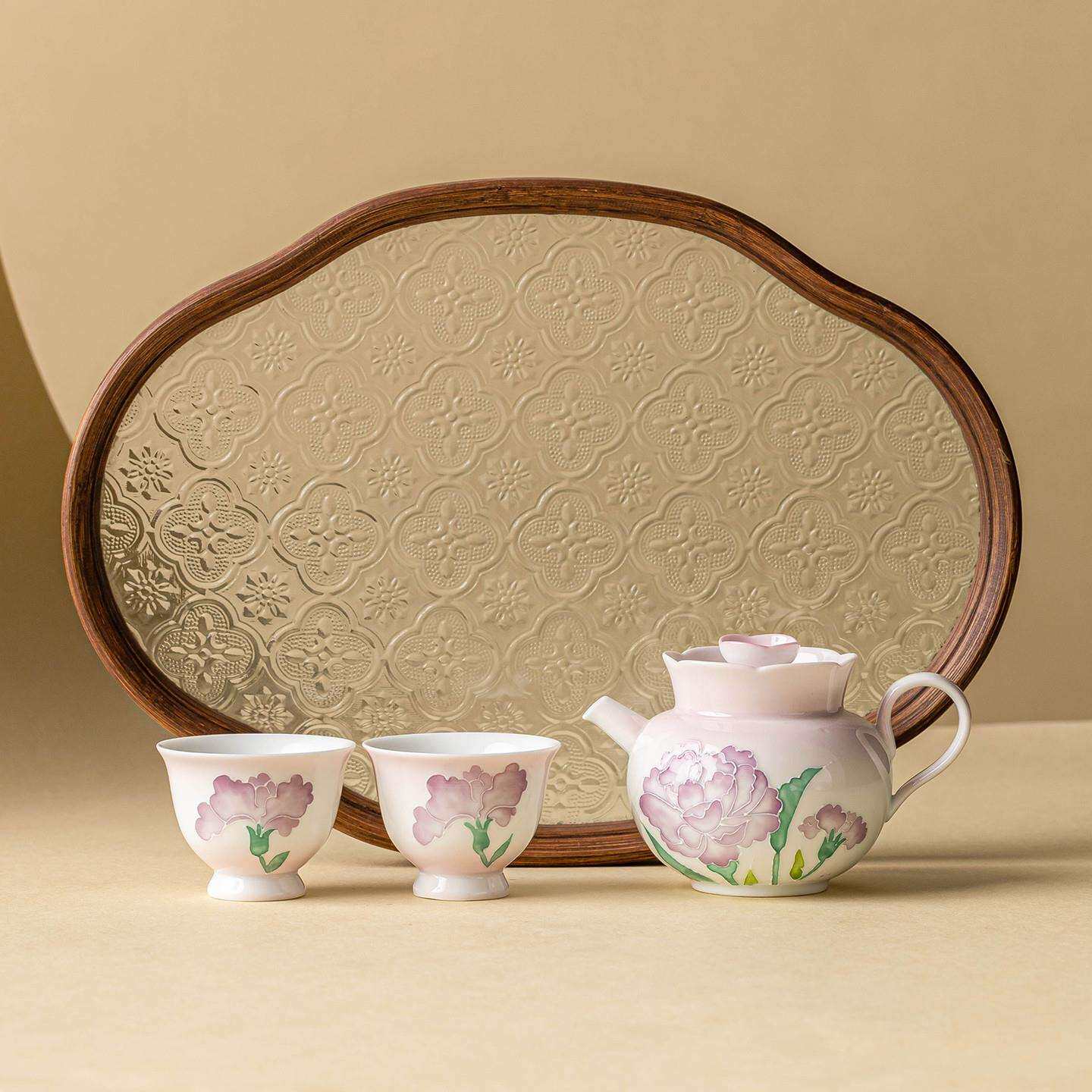 手绘堆雕康乃馨旅行茶具套装一壶二杯陶瓷泡茶壶茶杯便携式手提袋