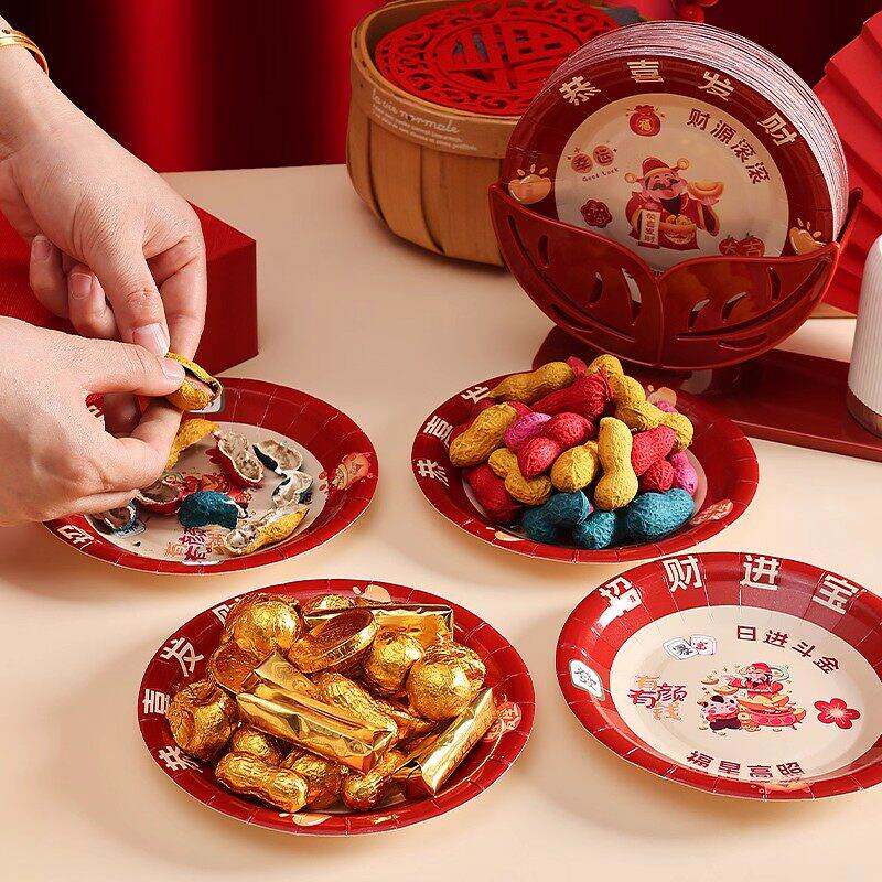 家用一次性餐具一次性小吃碟纸盘新年喜庆红色摆台点心果盘吐骨碟