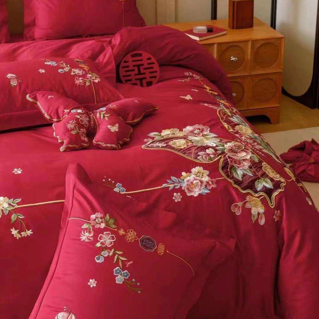 中式婚庆款长绒棉四件套蝴蝶花贴布绣喜庆婚房被套陪嫁床品